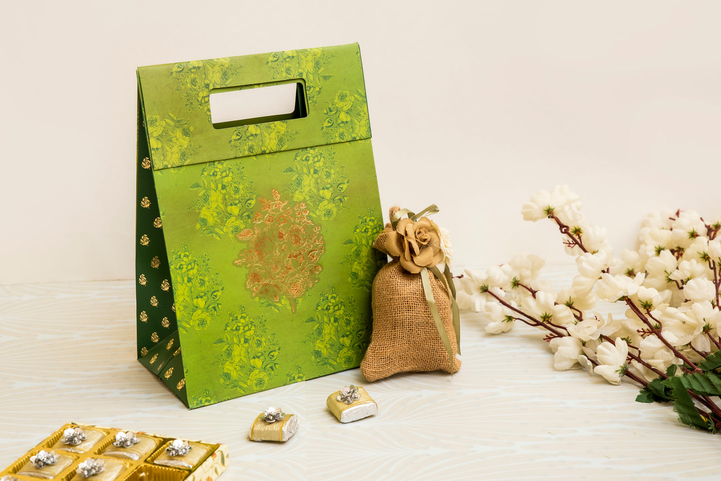 Indian Motif Gift Bag - Green (Set of 10)