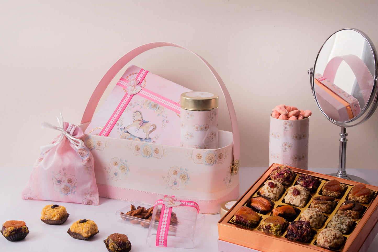 Leather Basket Hamper Baby Pink (Set Of 5 Items)