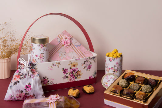 Leather Basket Hamper Floral Mehroon (Set Of 5 Items)