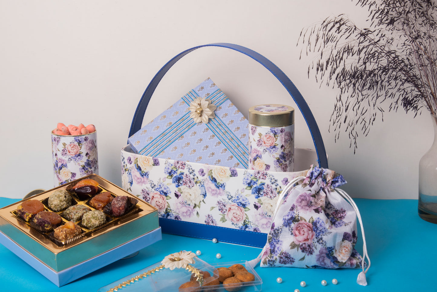 Leather Basket Hamper Floral Blue (Set Of 5 Items)