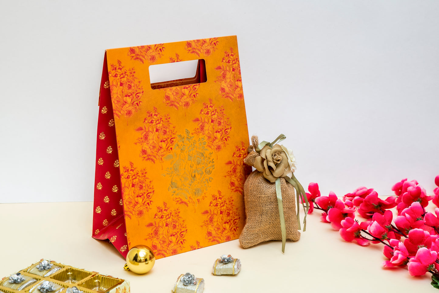 Indian Motif Gift Bag - Orange (Set of 10)
